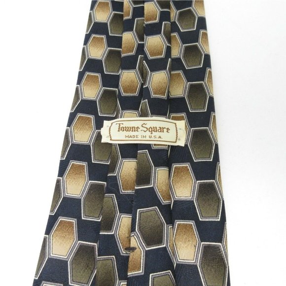 Honeycomb Hexagons Silk Tie Towne Square Navy Blue w/ Green & Brown 57.5"x3.75" - Picture 3 of 4